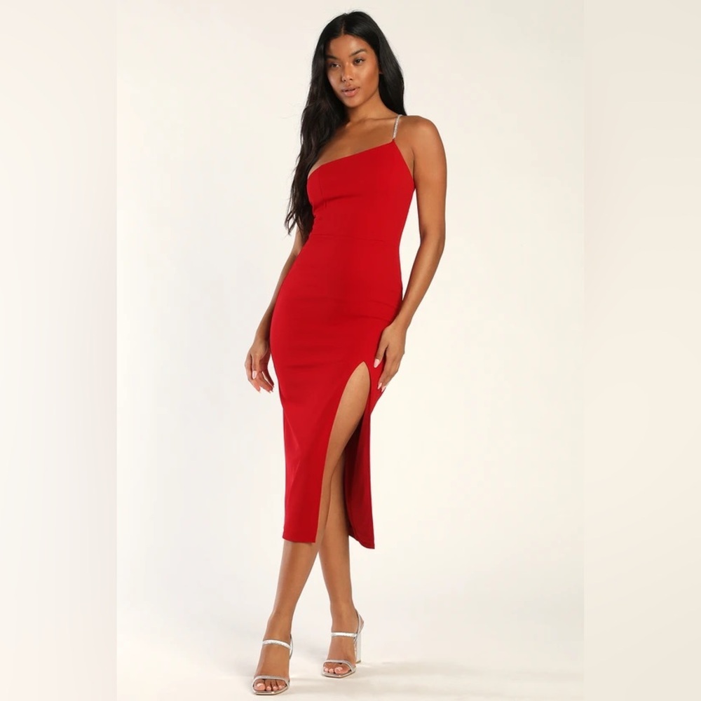 Lulu’s Always VIP One Rhinestone Strap Red Midi Dress